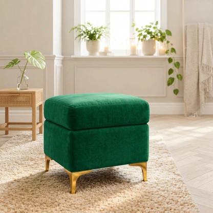 Suryavanshi Velvet Upholstered Pouffe with Iron Brass-Coated Legs – Chic Seating