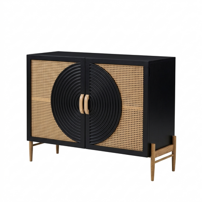 Suryavanshi Solid Mango Wood & Cane Sideboard Cabinet with Circular Carved Door