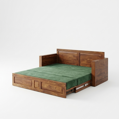 Florio Sheesham Wood Sofa Cum Bed with Green Upholstered | Convertible Wooden Sofa Bed with Storage