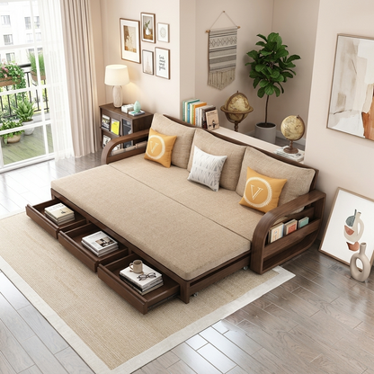 Modern Wooden Sofa Cum Bed with Storage Drawers & Side Book Shelves - Queen Size