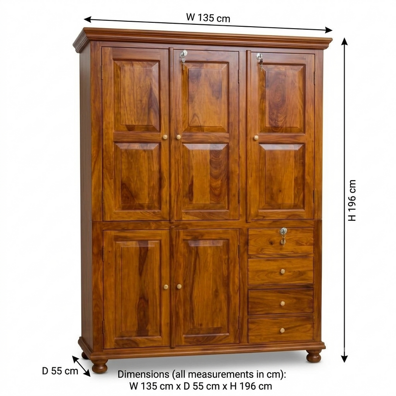 Sheesham  Wood 3-Door Wardrobe with Drawers – Classic Handcrafted Storage Cabinet