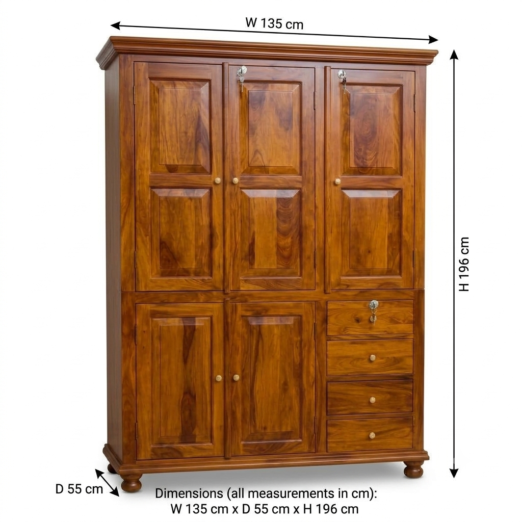 Sheesham  Wood 3-Door Wardrobe with Drawers – Classic Handcrafted Storage Cabinet