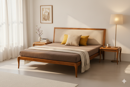 Suryavanshi Mid-Century Modern Solid Sheesham Wood Bed Without Storage with Upholstered Headboard – Queen/King Size