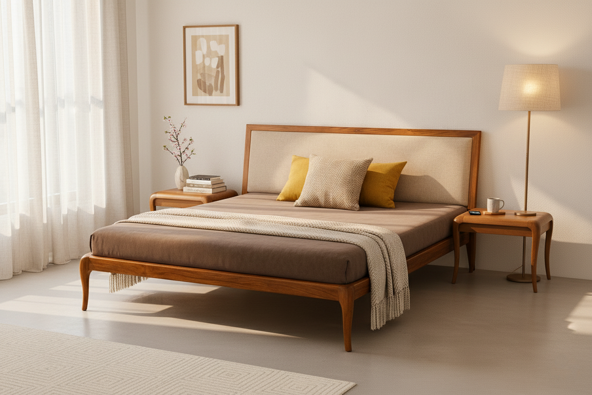 Suryavanshi Mid-Century Modern Solid Sheesham Wood Bed Without Storage with Upholstered Headboard – Queen/King Size