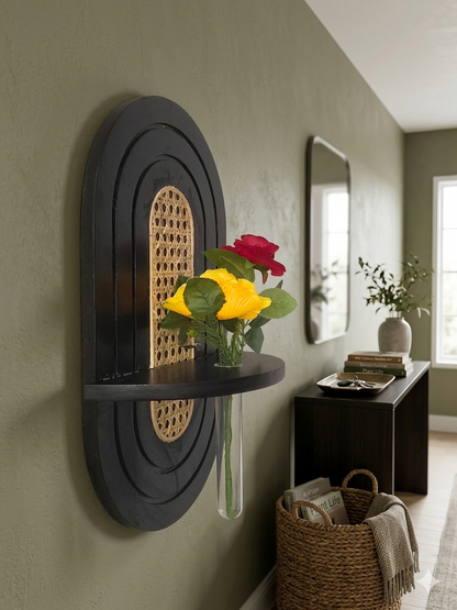 Decorative Solid Wood Wall Shelf with Test Tube Vase, Rattan Cane Accent Wall Decor