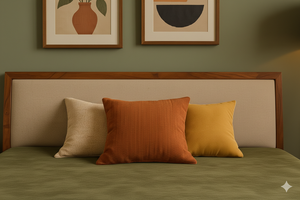 Suryavanshi Mid-Century Modern Solid Sheesham Wood Bed Without Storage with Upholstered Headboard – Queen/King Size