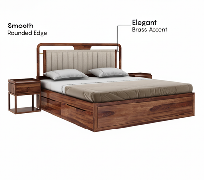 Suryavanshi Sheesham Wood Bed with Upholstered Headboard & Drawer Storage - Honey [King Size]