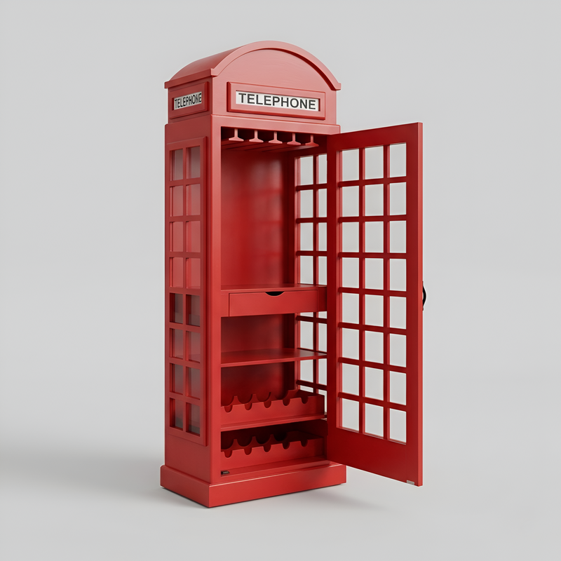 Giles British Telephone Booth Style Bar Cabinet in Red with Transparent Acrylic Sheet  Door