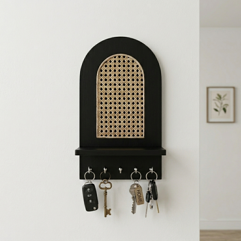 Suryavanshi Wooden Wall Mounted Key Holder with Shelf | Rattan Cane Design Key Organizer