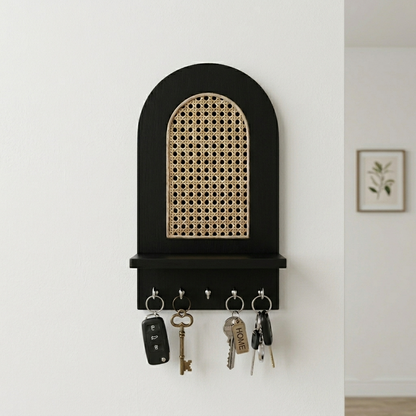 Suryavanshi Wooden Wall Mounted Key Holder with Shelf | Rattan Cane Design Key Organizer