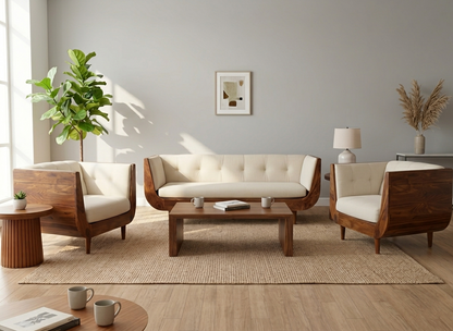 BOAT Sheesham Wood Sofa with Cream Velvet Upholstery - Sofa Set