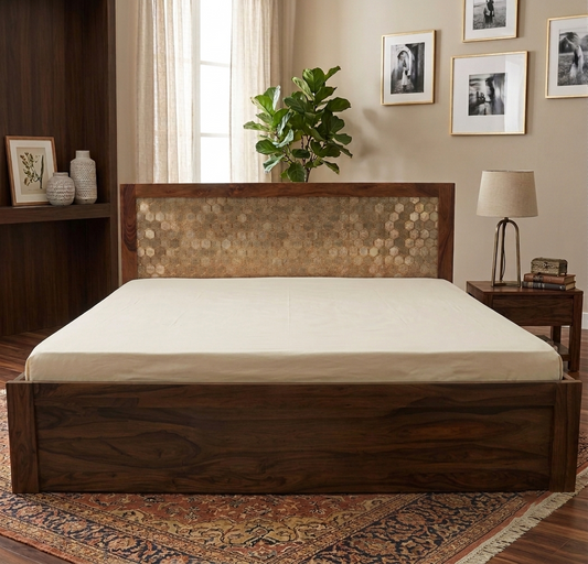 Sheesham Solid Wood Storage Bed with Decorative Headboard – Honey Finish