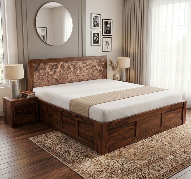 Suryavanshi Sheesham Wood Bed with Storage & Stylish Panel Headboard | Queen & King Size