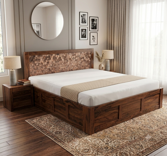 Suryavanshi Sheesham Wood Bed with Storage & Stylish Panel Headboard | Queen & King Size