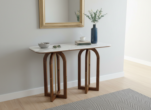 Modern Marble Top Console Table with Solid Sheesham Wood Base
