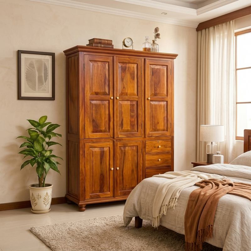 Sheesham  Wood 3-Door Wardrobe with Drawers – Classic Handcrafted Storage Cabinet