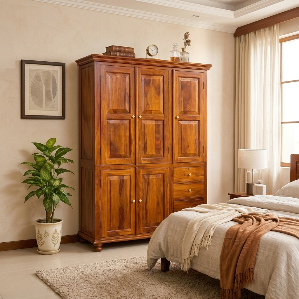 Sheesham  Wood 3-Door Wardrobe with Drawers – Classic Handcrafted Storage Cabinet
