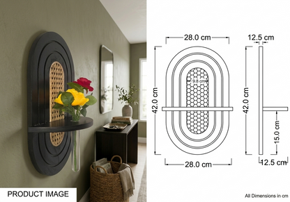 Decorative Solid Wood Wall Shelf with Test Tube Vase, Rattan Cane Accent Wall Decor