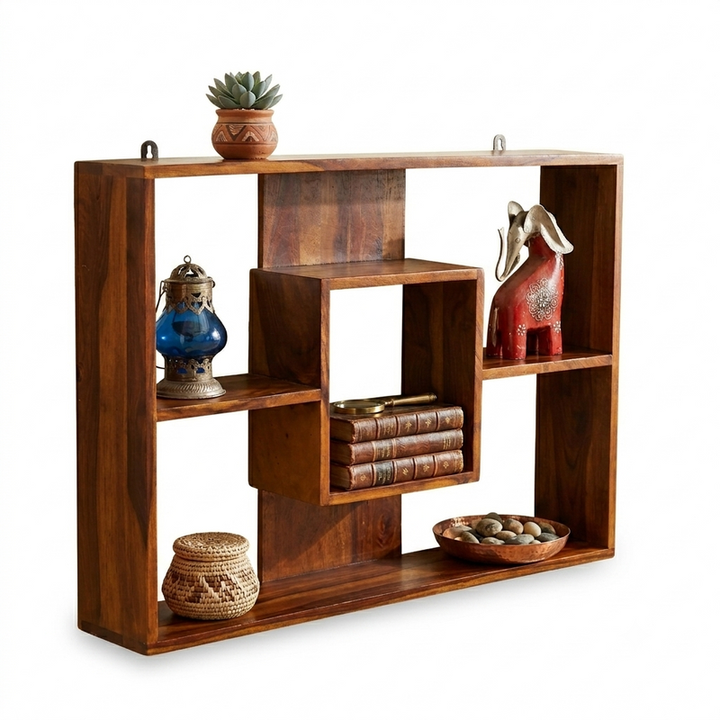Square Block Sheesham Wood Wall Display Unit