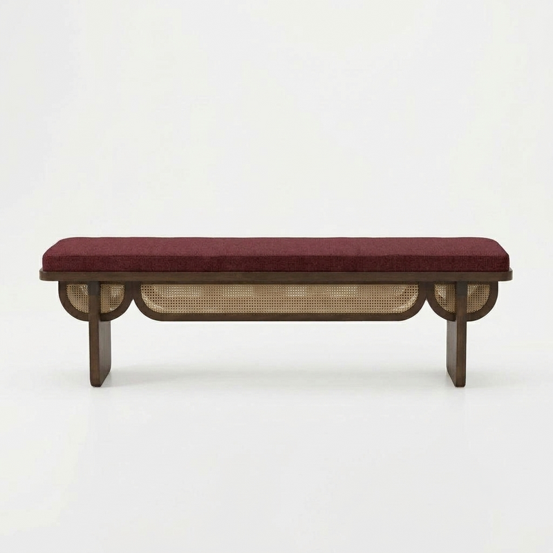 Sheesham Wood Designer Cane Bench with Maroon Upholstered Seat