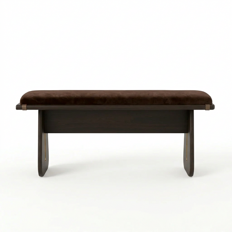 Sheesham Wood Bench with Brown Velvet Upholstered Seat