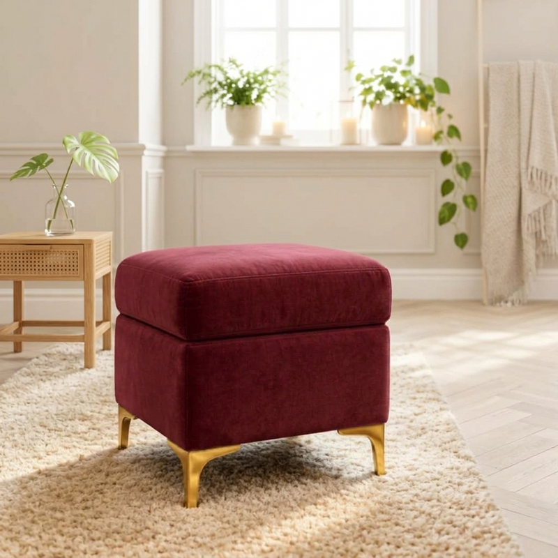 Suryavanshi Velvet Upholstered Pouffe with Iron Brass-Coated Legs – Chic Seating