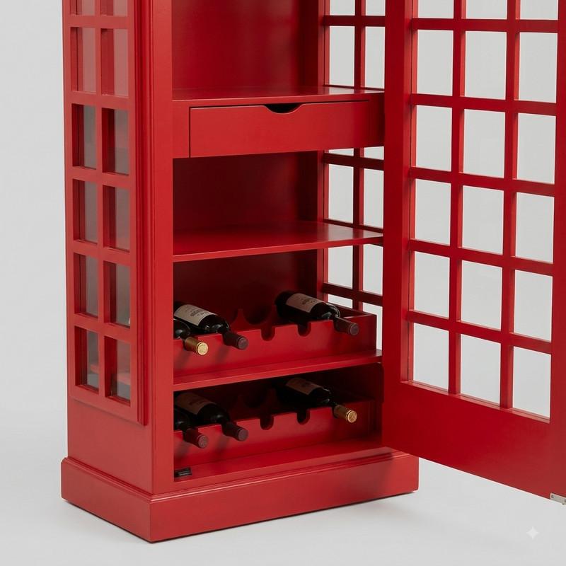 Giles British Telephone Booth Style Bar Cabinet in Red with Transparent Acrylic Sheet  Door