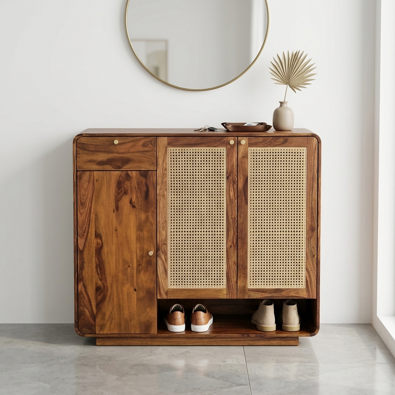 Grisa Sheesham Wood Shoe Cabinet With Cane Detailing