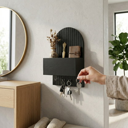Suryavanshi Mango Wooden Wall Mounted Key Holder with Storage Shelf & 4 Key Hooks