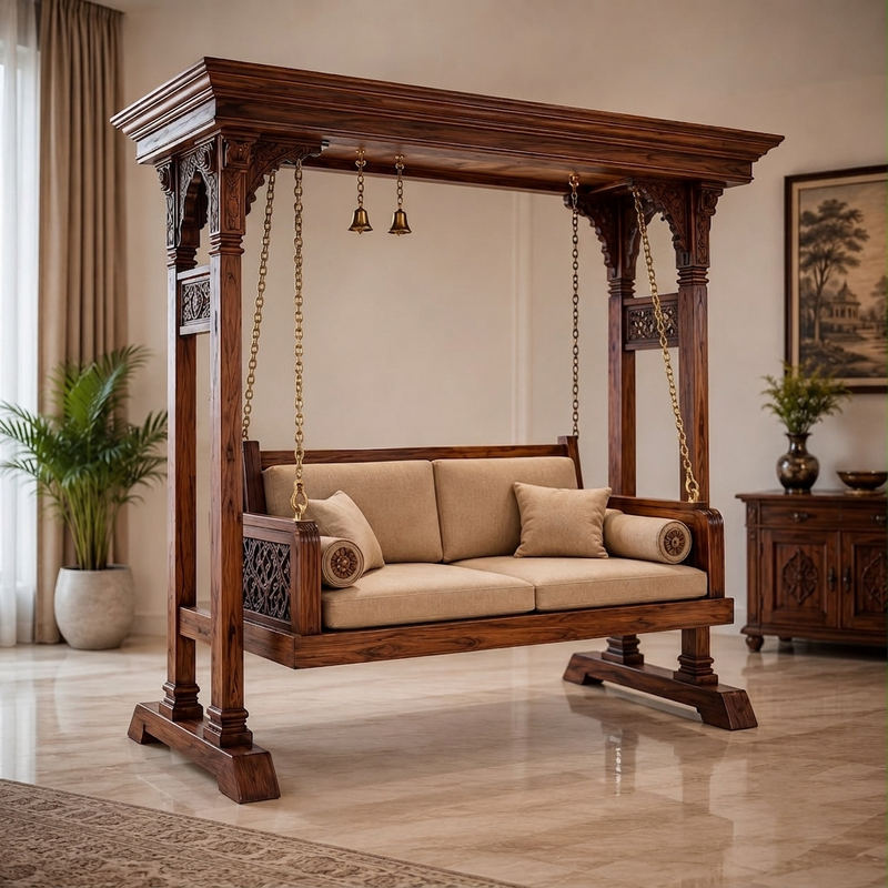 Ambar Solid Wood Temple Swing with Stand | Traditional Hand-Carved Wooden Jhula For Living Room