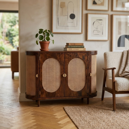 Westwood Arched Cane & Sheesham Wood Sideboard Cabinet – Mid-Century Modern Designer Storage Console