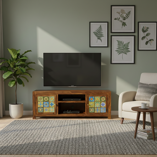 Sheesham Wood TV Cabinet with Ceramic Tile Design, 2 Storage Doors, 2 Shelves