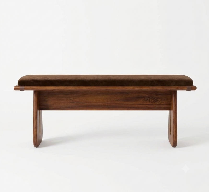 Sheesham Wood Bench with Brown Velvet Upholstered Seat