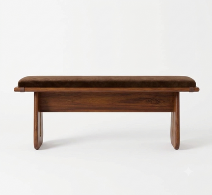 Sheesham Wood Bench with Brown Velvet Upholstered Seat