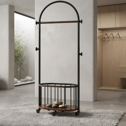 Hamilton - Modern Rolling Garment Rack with Wooden Storage Basket – Metal Clothes Organizer