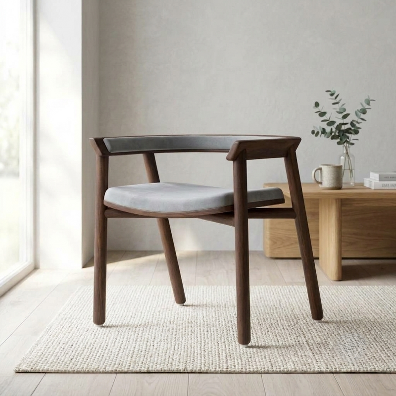 Sheesham Wood Armchair with Grey Cushioned Seat & Backrest - Modern Mid-Century Accent Chair