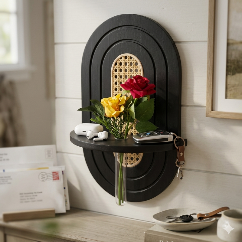 Decorative Solid Wood Wall Shelf with Test Tube Vase, Rattan Cane Accent Wall Decor