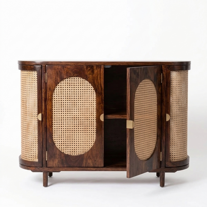 Westwood Arched Cane & Sheesham Wood Sideboard Cabinet – Mid-Century Modern Designer Storage Console