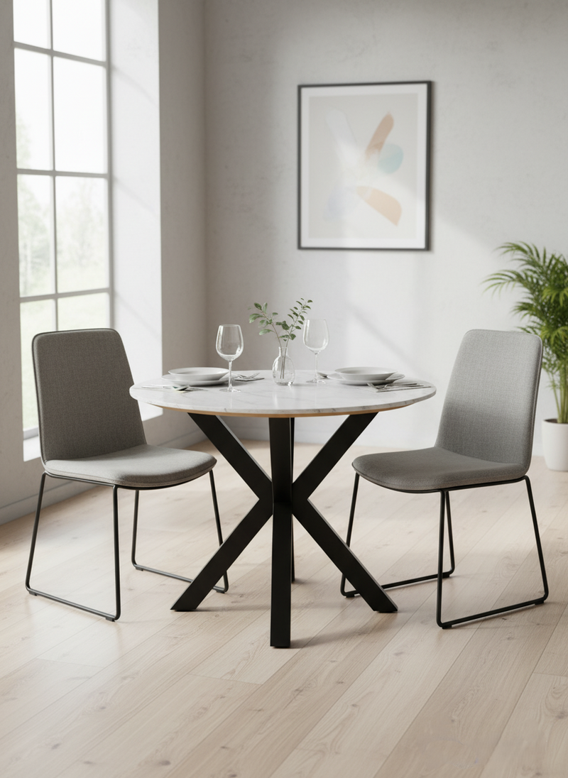 Uniq Round Marble Dining Table with Metal Base – Modern 2 Seater Table for Dining Room & Kitchen