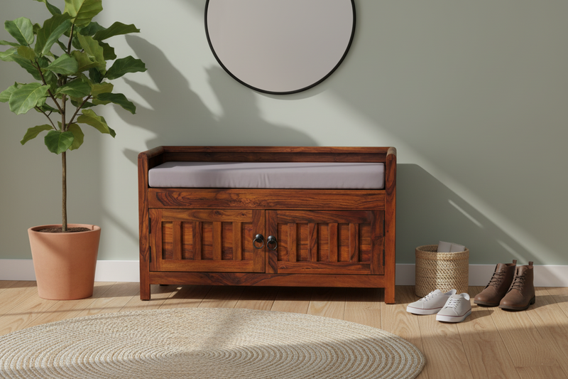 Suryavanshi Sheesham Wood Seating Shoe Rack – Stylish Entryway Organization