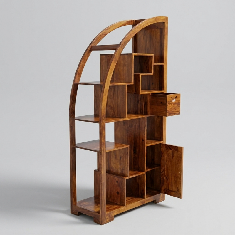 Suryavanshi Sheesham Wood Book Rack – 1 Door, 1 Drawer, Half Round Shape (Semicurcular, W90 D40 H180 cm)