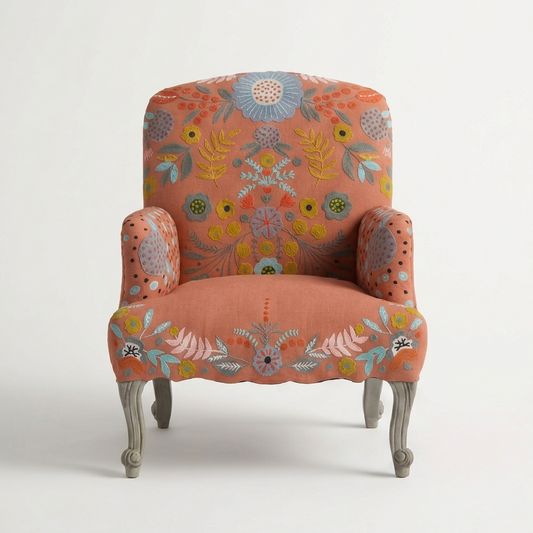 Modella Embroidered Solid Wood Lounge chair - Burnt Orange