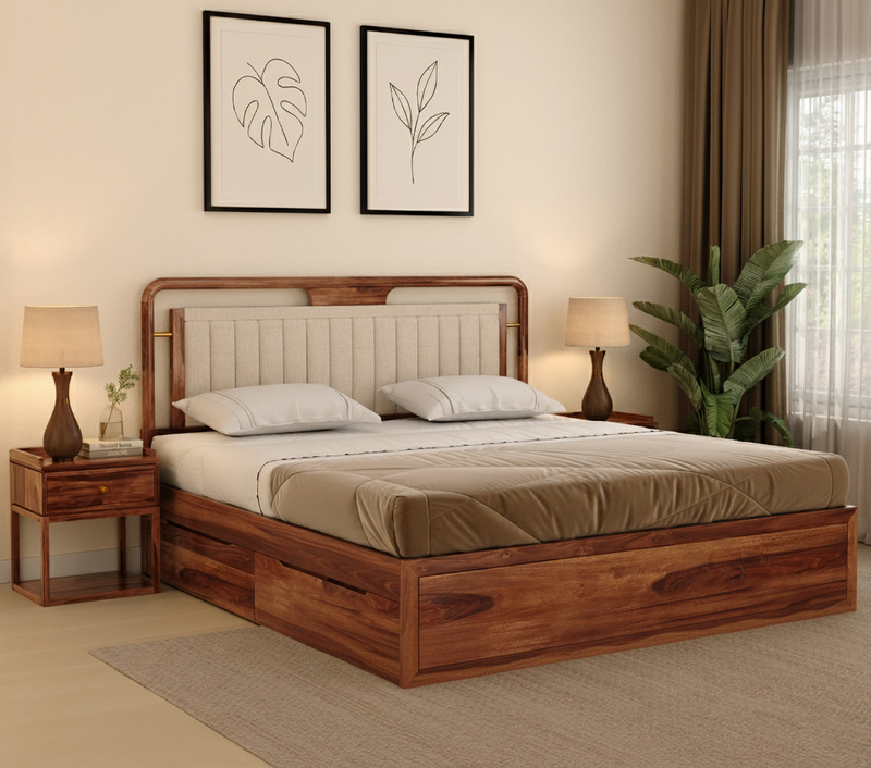 Suryavanshi Sheesham Wood Bed with Upholstered Headboard & Drawer Storage - Honey [King Size]