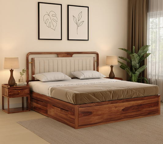 Suryavanshi Sheesham Wood Bed with Upholstered Headboard & Drawer Storage - Honey [King Size]