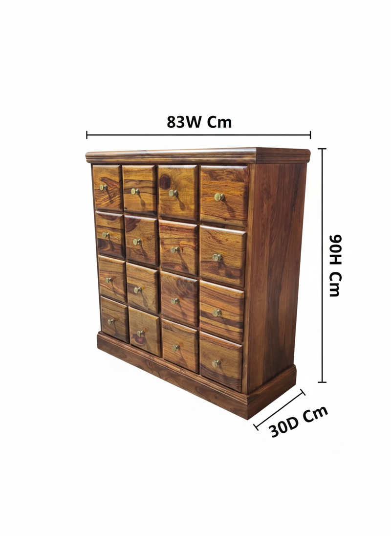 Suryavanshi Sheesham Wood Brown 16 Drawer Storage Unit with Brass Knobs