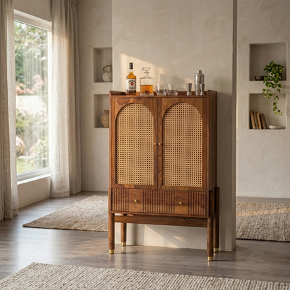 Suryavanshi Sheesham Wood Bar Cabinet with Natural Rattan Cane Doors, Brass Knobs & Brass-Capped Legs