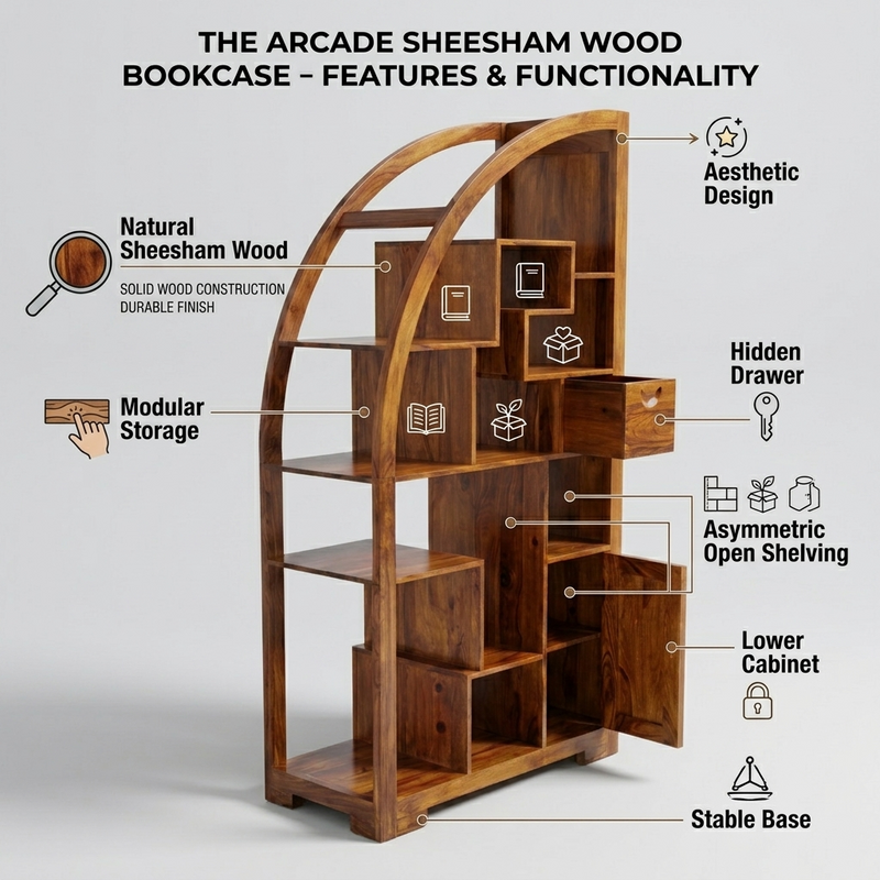 Suryavanshi Sheesham Wood Book Rack – 1 Door, 1 Drawer, Half Round Shape (Semicurcular, W90 D40 H180 cm)