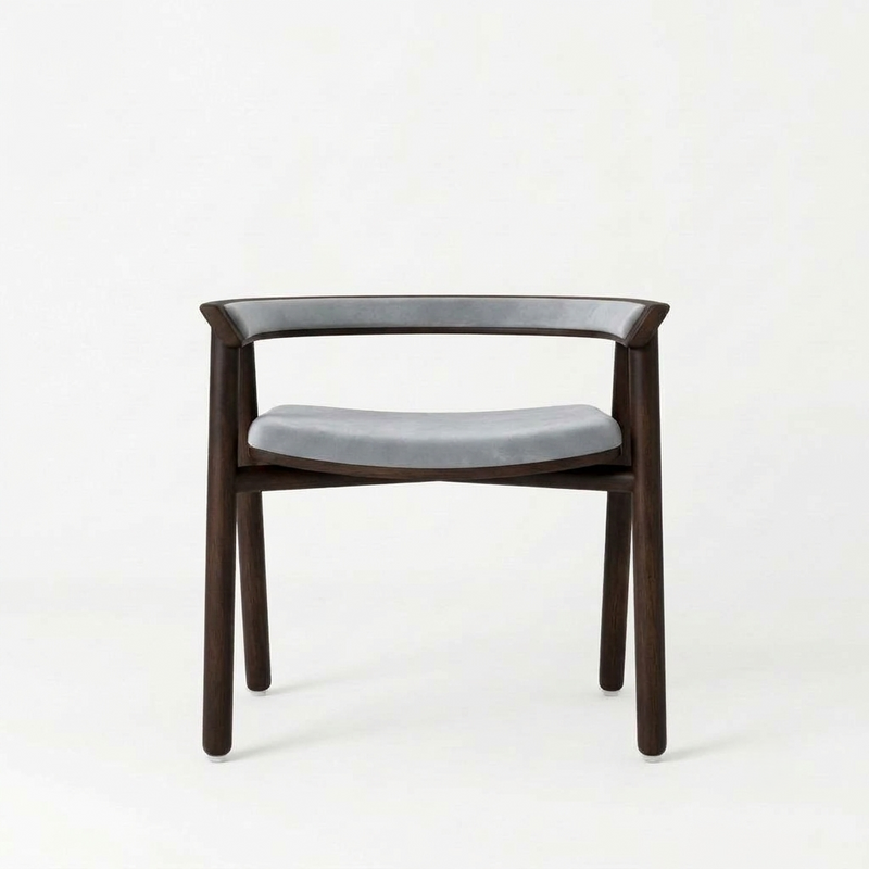 Sheesham Wood Armchair with Grey Cushioned Seat & Backrest - Modern Mid-Century Accent Chair