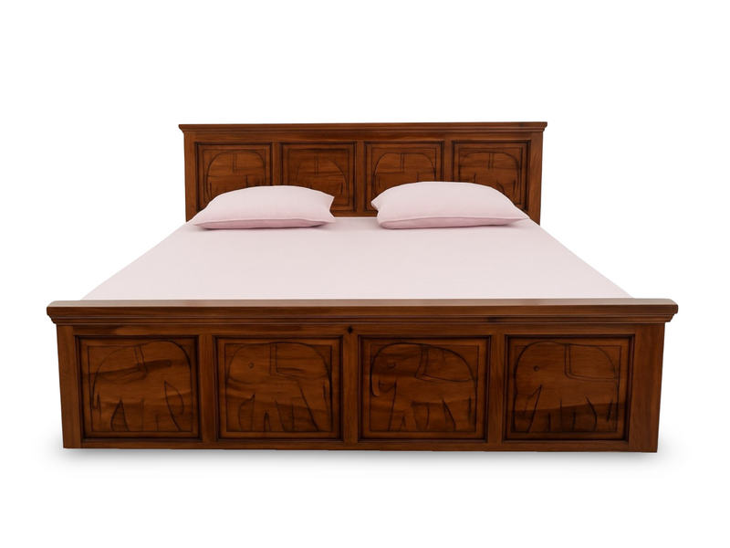 Suryavanshi Solid Sheesham Wood King Size Bed with Storage | Handcrafted Elephant Carving | Box Storage | Natural Finish | No Mattress Included