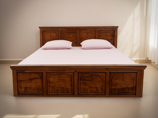 Suryavanshi Solid Sheesham Wood King Size Bed with Storage | Handcrafted Elephant Carving | Box Storage | Natural Finish | No Mattress Included
